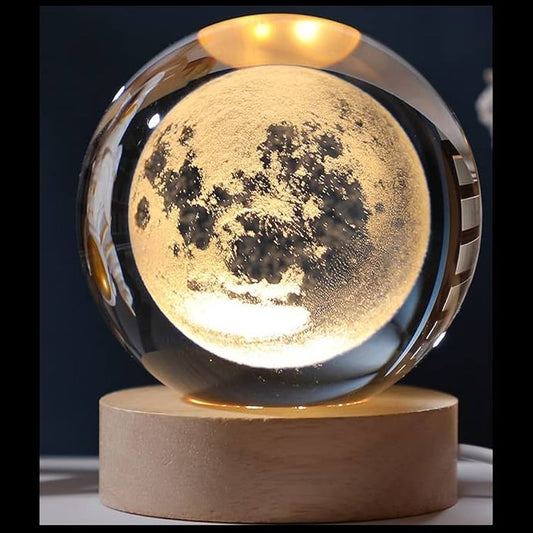 3D Moon Crystal Ball Lamp – LED Night Light with Wooden Base