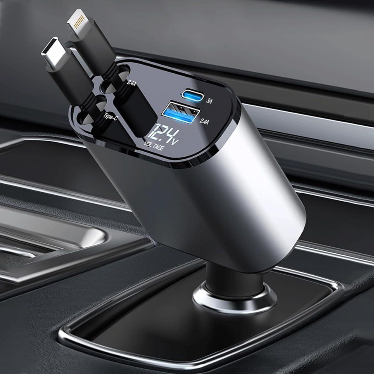 Retractable 4 in 1 Car Charger – 120W Fast Charging USB Car Adapter