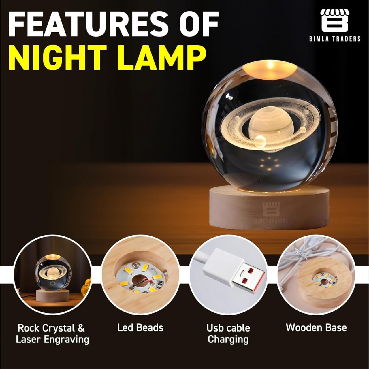 3D Moon Crystal Ball Lamp – LED Night Light with Wooden Base