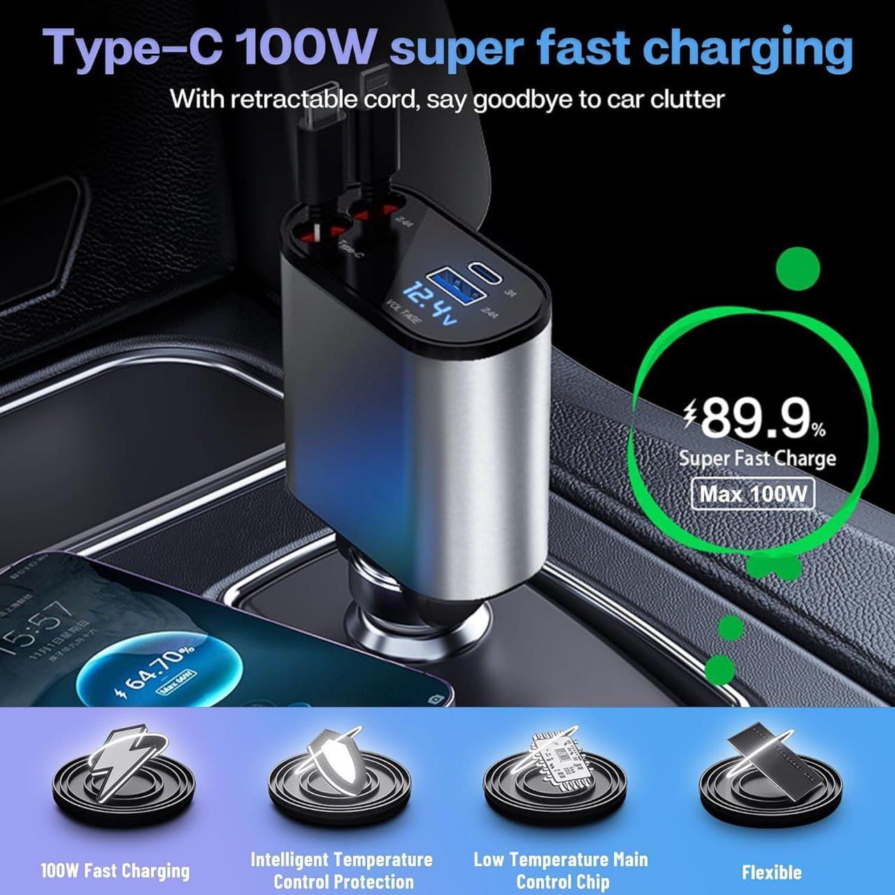 Retractable 4 in 1 Car Charger – 120W Fast Charging USB Car Adapter