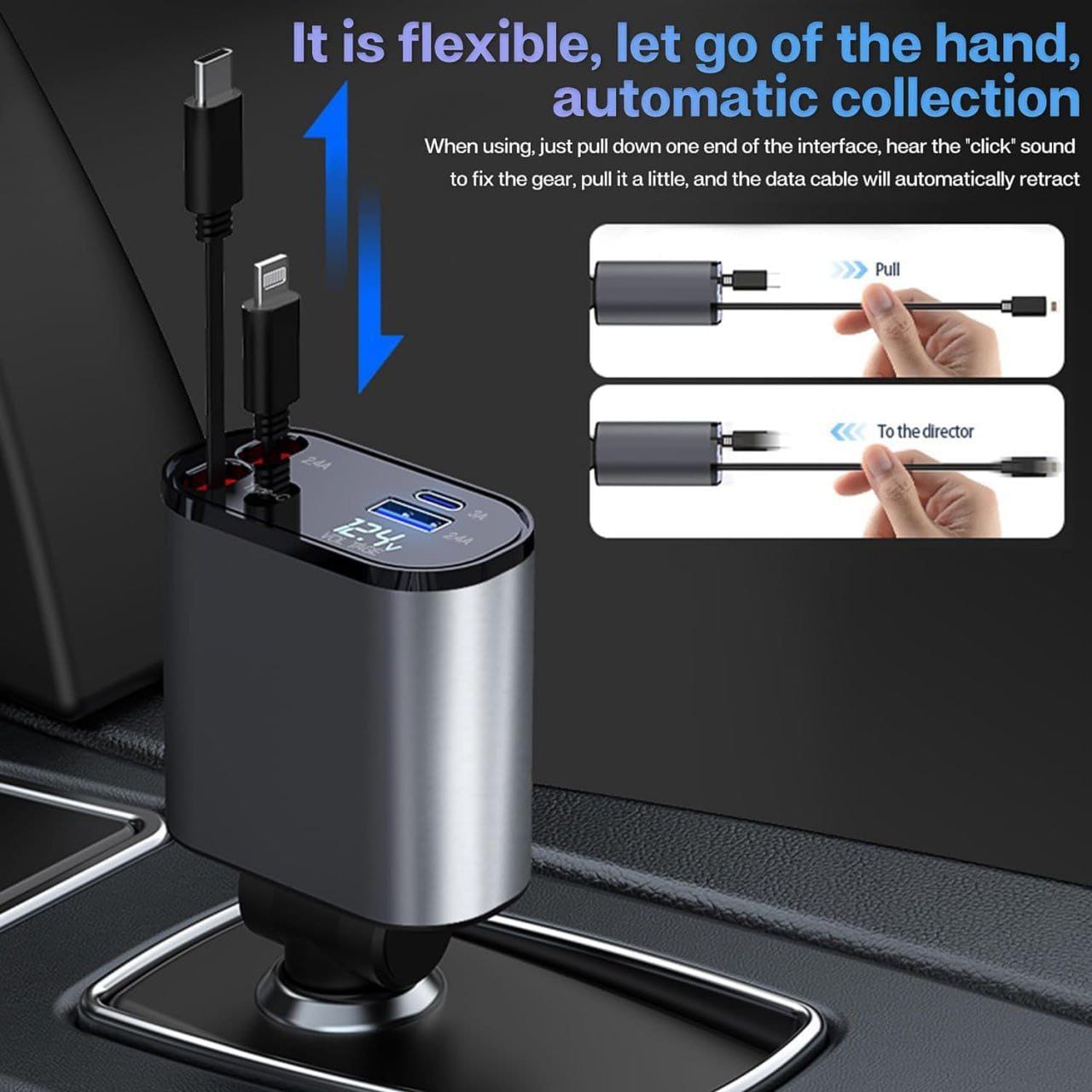 Retractable 4 in 1 Car Charger – 120W Fast Charging USB Car Adapter