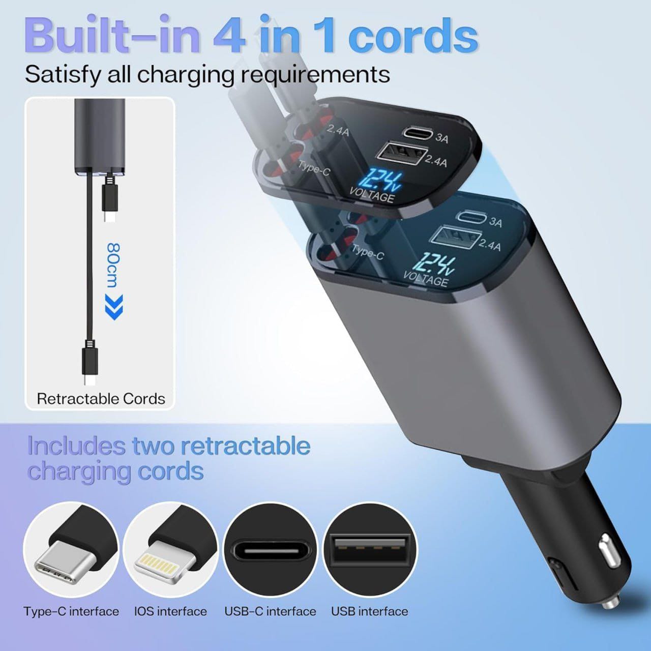 Retractable 4 in 1 Car Charger – 120W Fast Charging USB Car Adapter