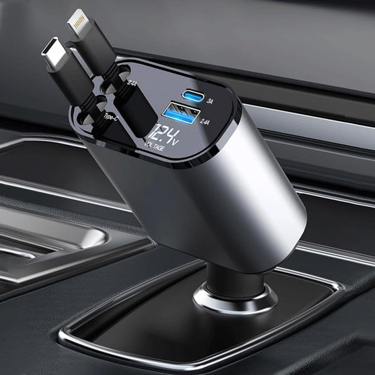 Retractable 4 in 1 Car Charger – 120W Fast Charging USB Car Adapter